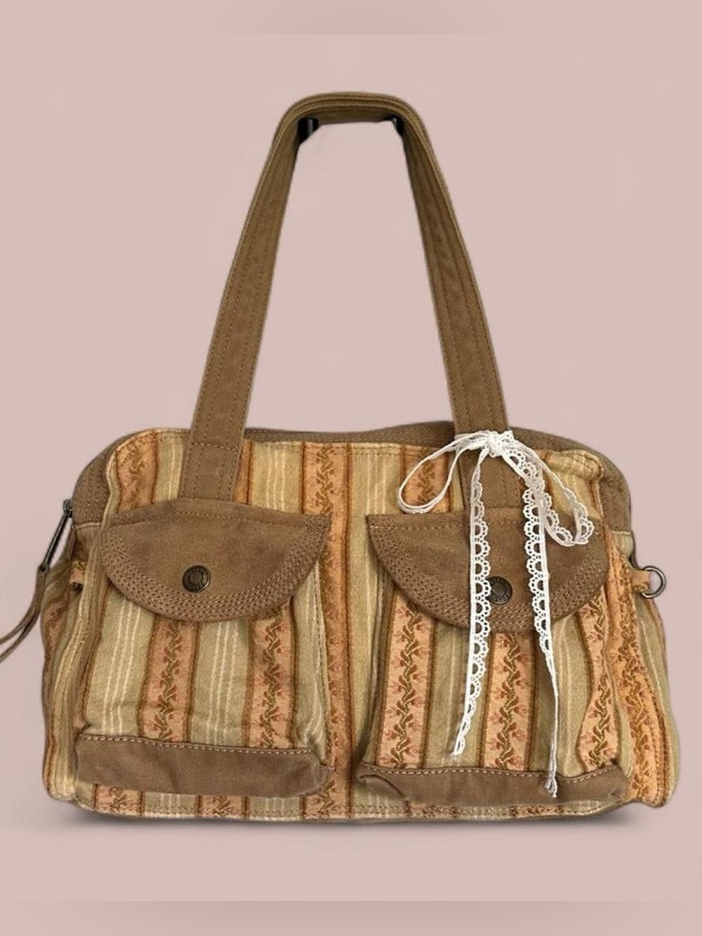 Vintage y2k Fossil 1954 Floral Stripe Canvas Utility Shoulder Bag